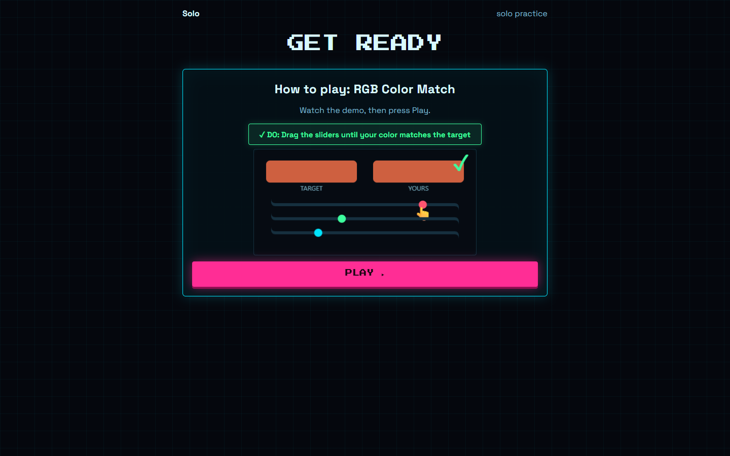 Amuseical’s RGB Color Match tutorial in solo practice, with target colors, sliders, and a Play button.